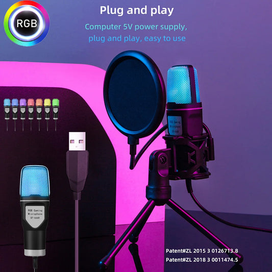 RGB USB condenser microphone on a stand, featuring vibrant lighting effects, designed for easy plug and play use.