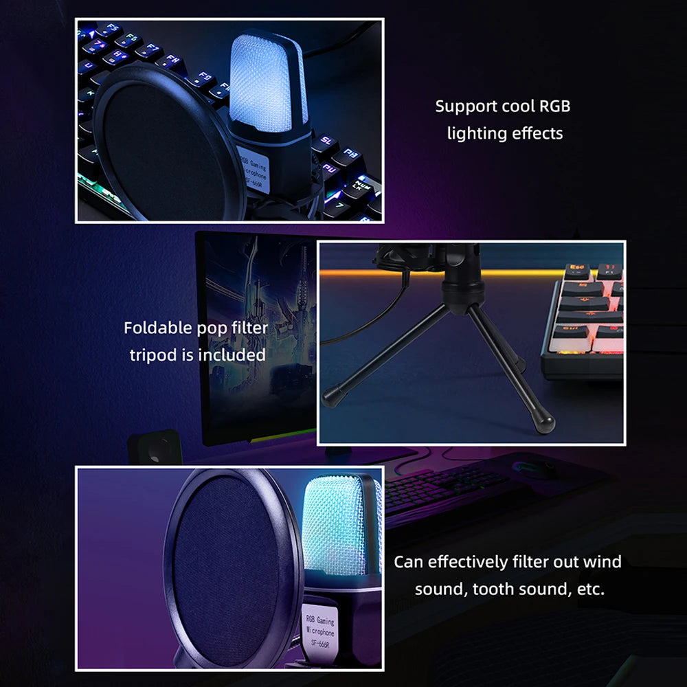 RGB USB condenser microphone with cool RGB lighting effects and included foldable pop filter tripod.