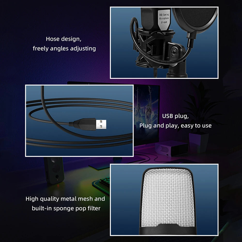 RGB USB condenser microphone with adjustable hose design, USB plug, and high-quality mesh with pop filter.