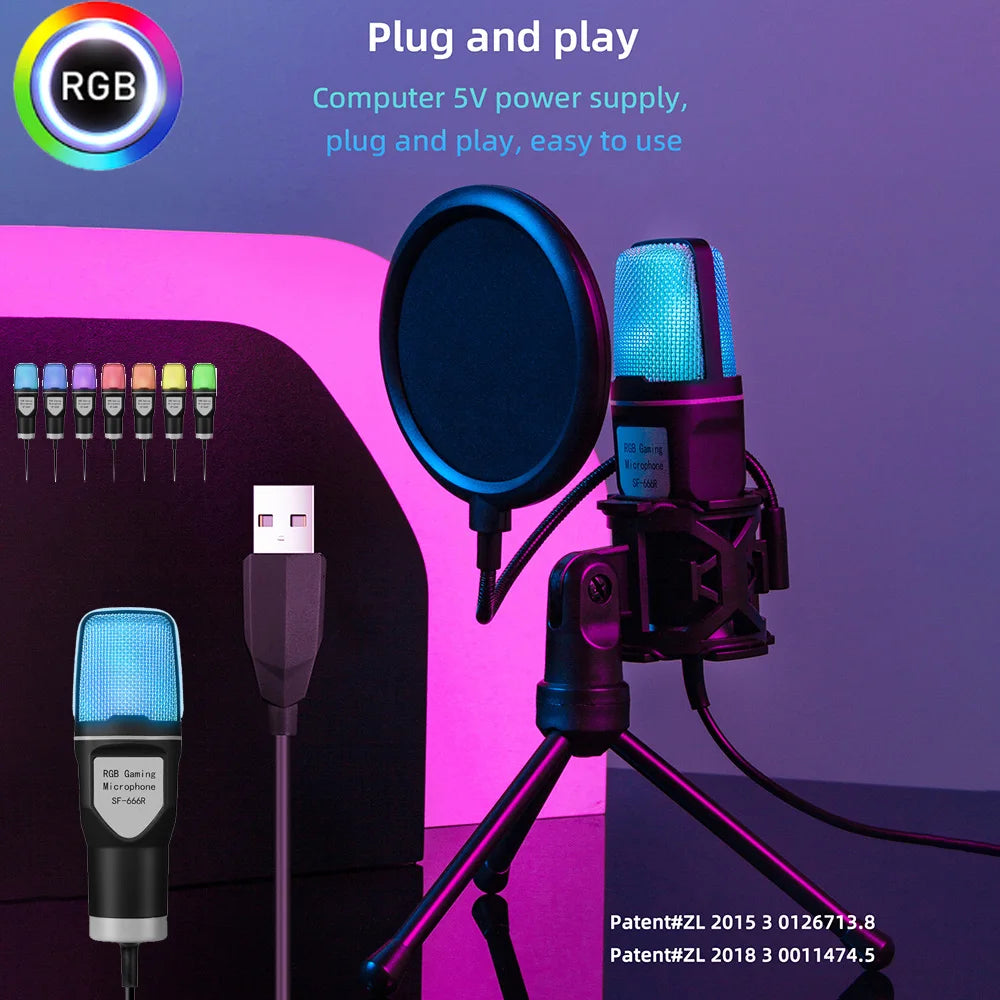 RGB USB condenser microphone on a stand, featuring vibrant lighting effects, designed for easy plug and play use.