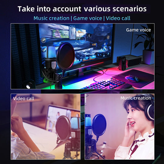 RGB USB condenser microphone in use for gaming, video calls, and music creation with vibrant RGB lighting effects.