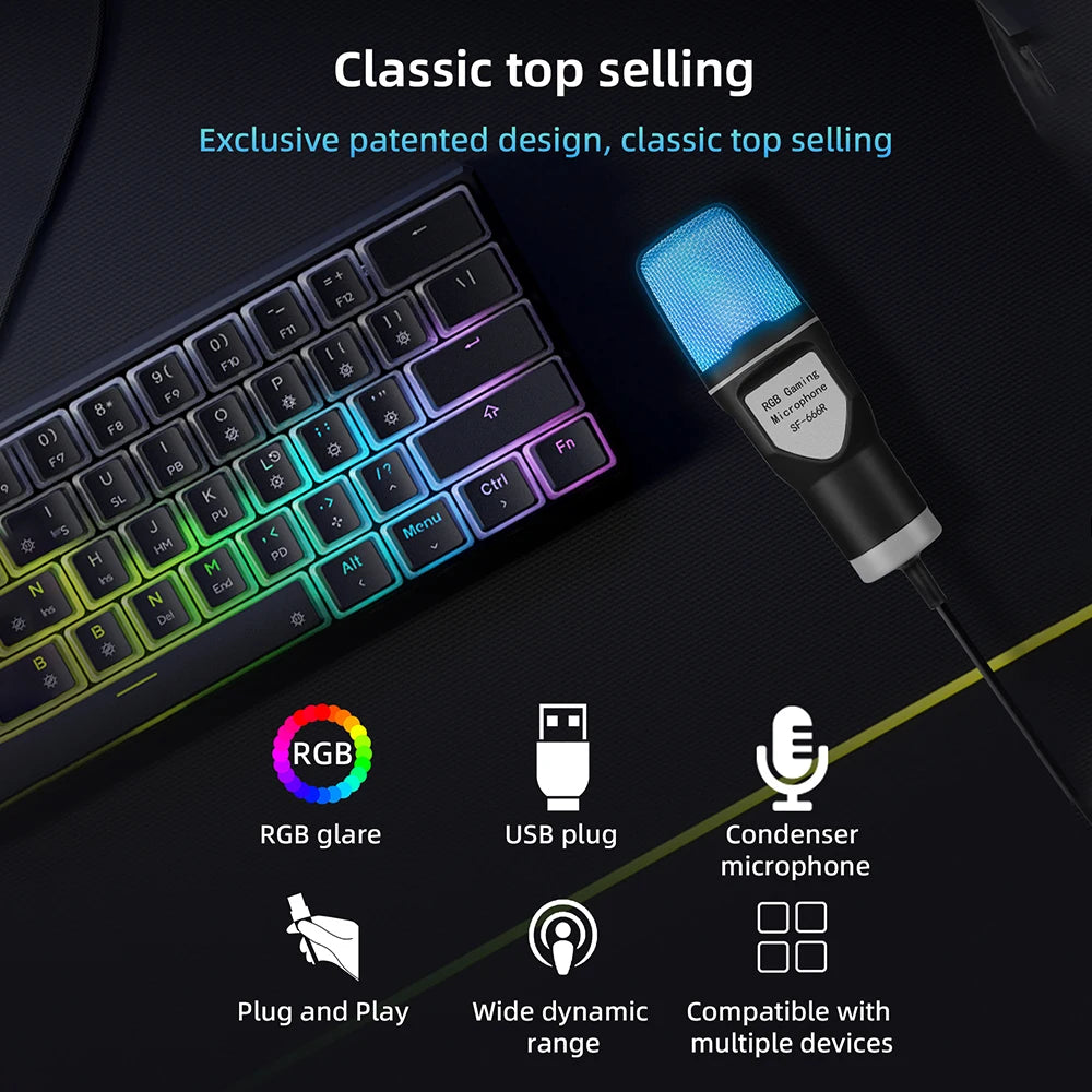 RGB USB condenser microphone with RGB lighting effects, USB connection, and compatible with various devices.